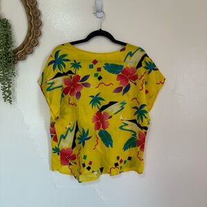 Vintage 80s Risky Business Yellow Tropical Floral Print Top